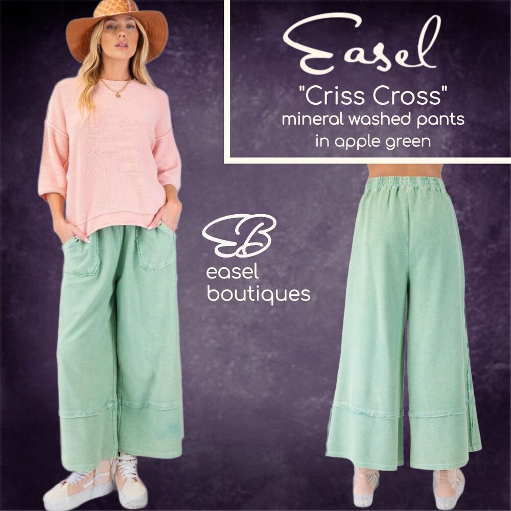 EASEL "Criss Cross" Mineral Washed Cotton Raw Seams Cropped Flared Pants Pockets